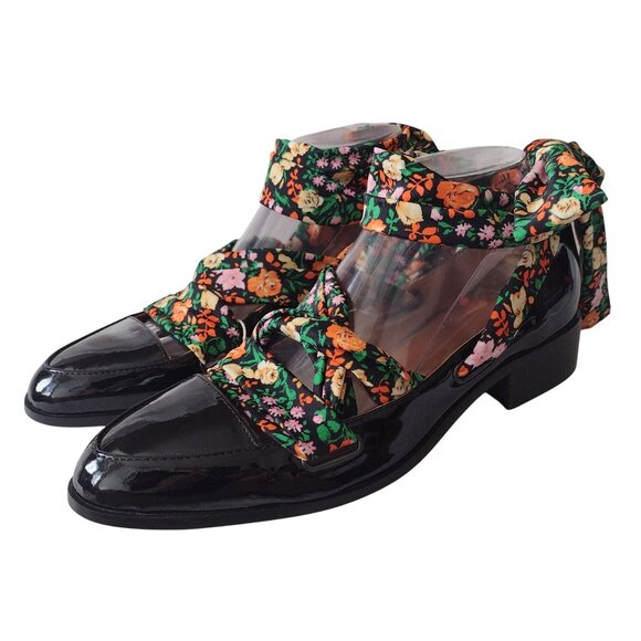 Ganni Lilou Patent Leather Floral Wrap Ballet Flats 40 NEW Black Loafers 9.5 - Picture 2 of 12